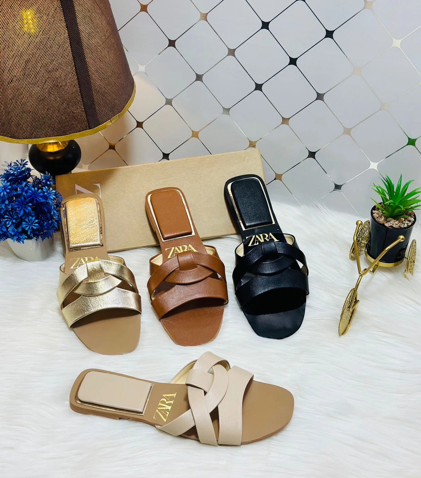 Flat Criss-Cross Leather Slider Sandals