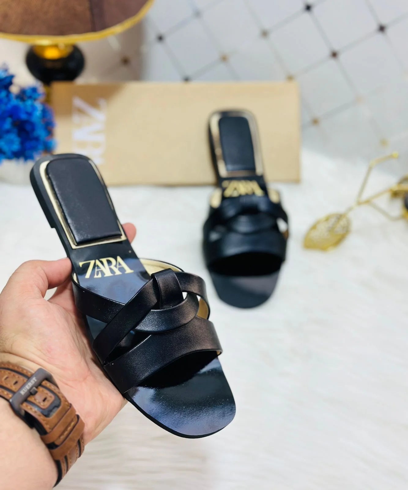 Flat Criss-Cross Leather Slider Sandals