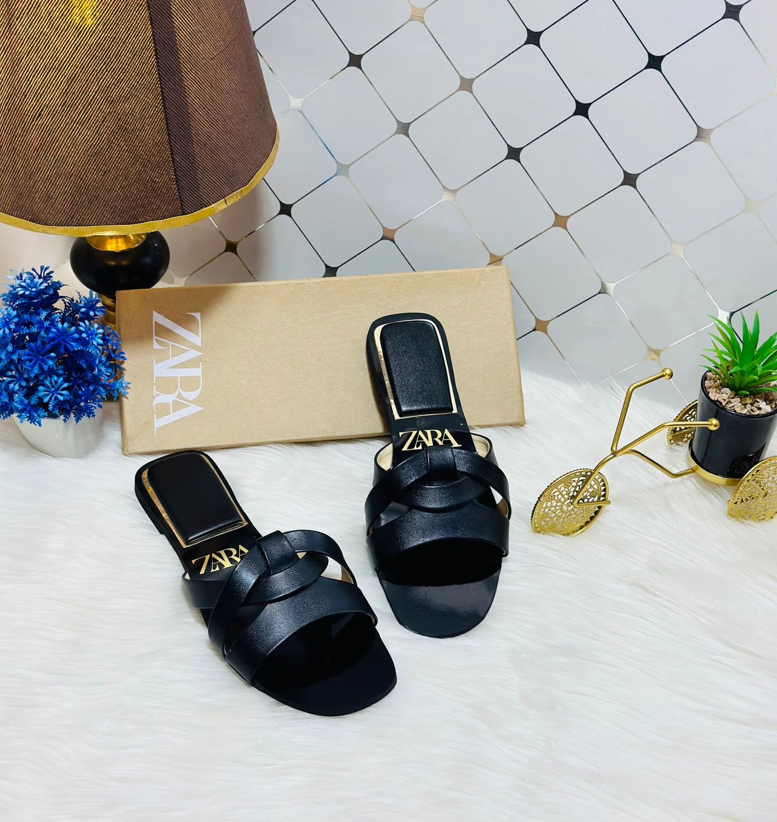 Flat Criss-Cross Leather Slider Sandals