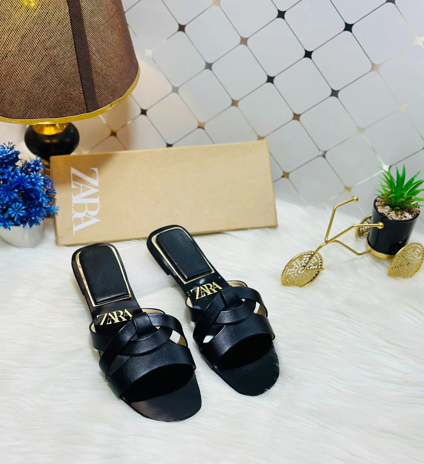Flat Criss-Cross Leather Slider Sandals