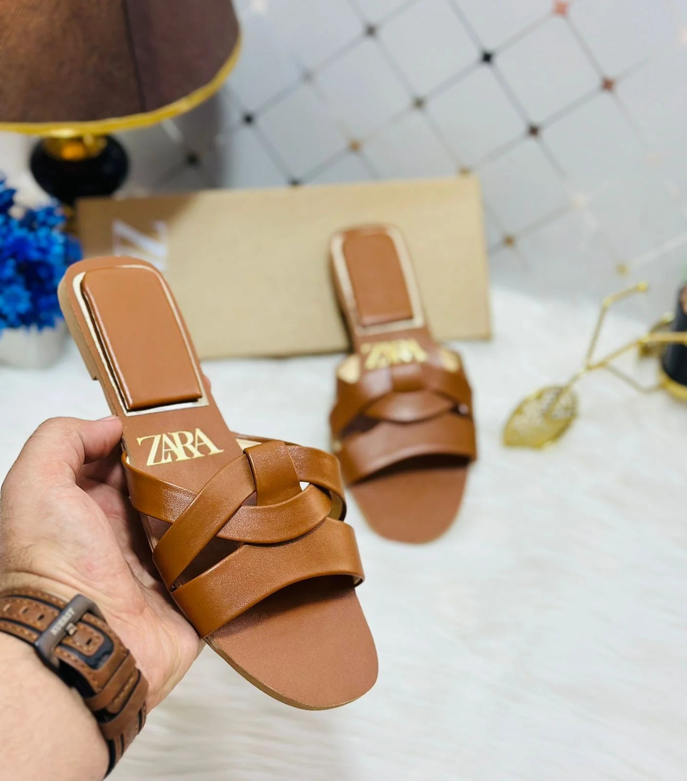 Flat Criss-Cross Leather Slider Sandals