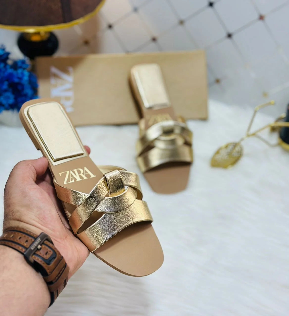 Flat Criss-Cross Leather Slider Sandals