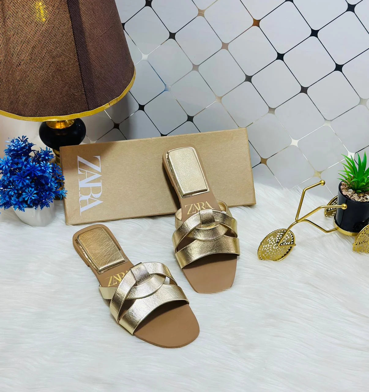 Flat Criss-Cross Leather Slider Sandals