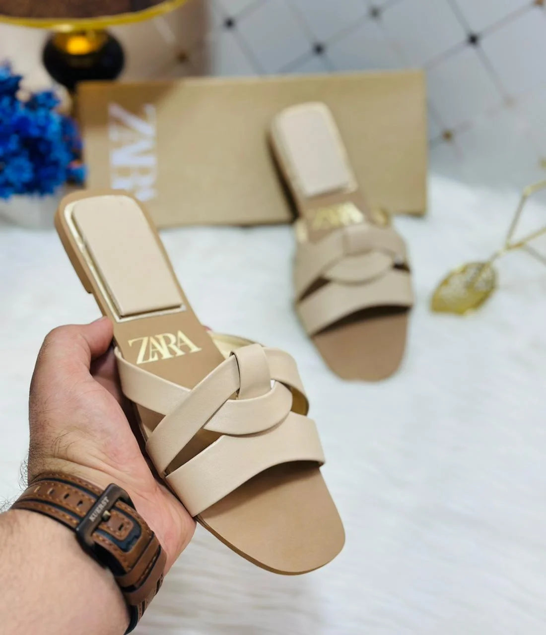 Flat Criss-Cross Leather Slider Sandals