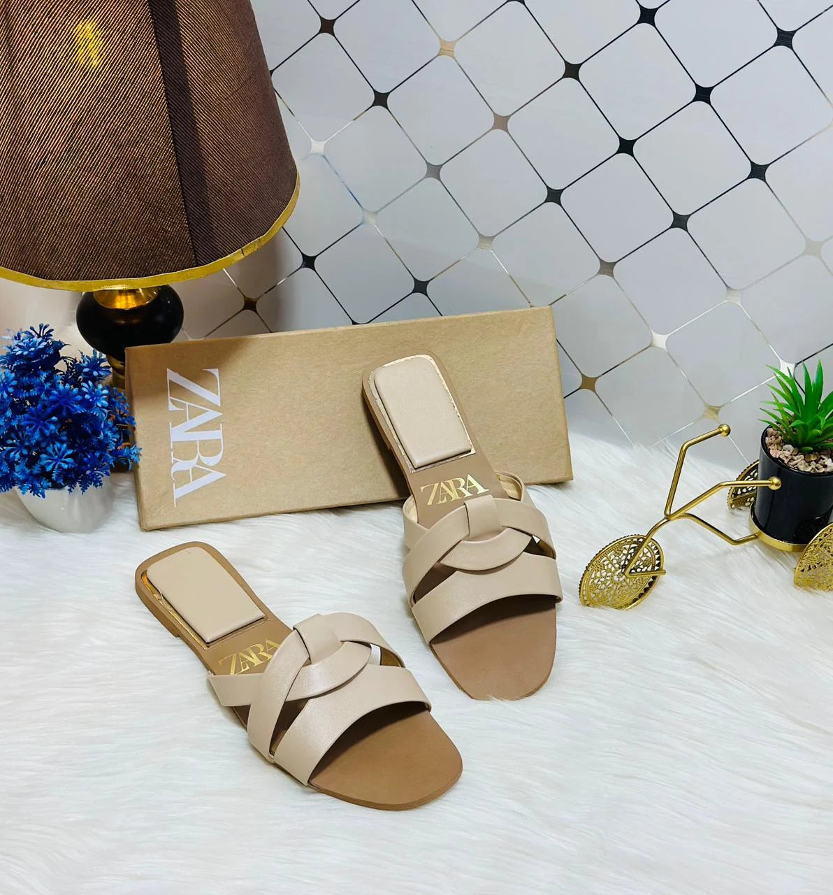 Flat Criss-Cross Leather Slider Sandals