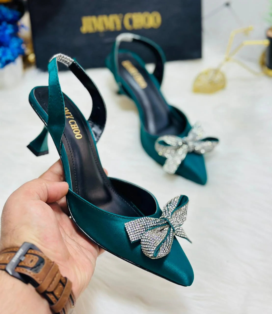 Rhinestone Tie Bow Slingback Heels
