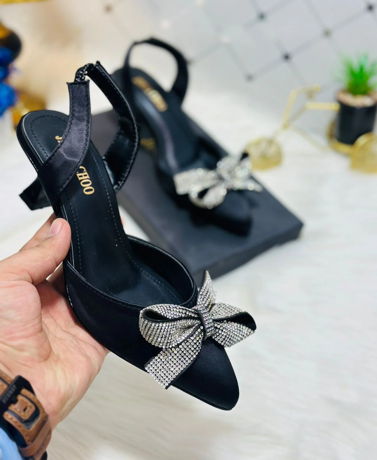 Rhinestone Tie Bow Slingback Heels
