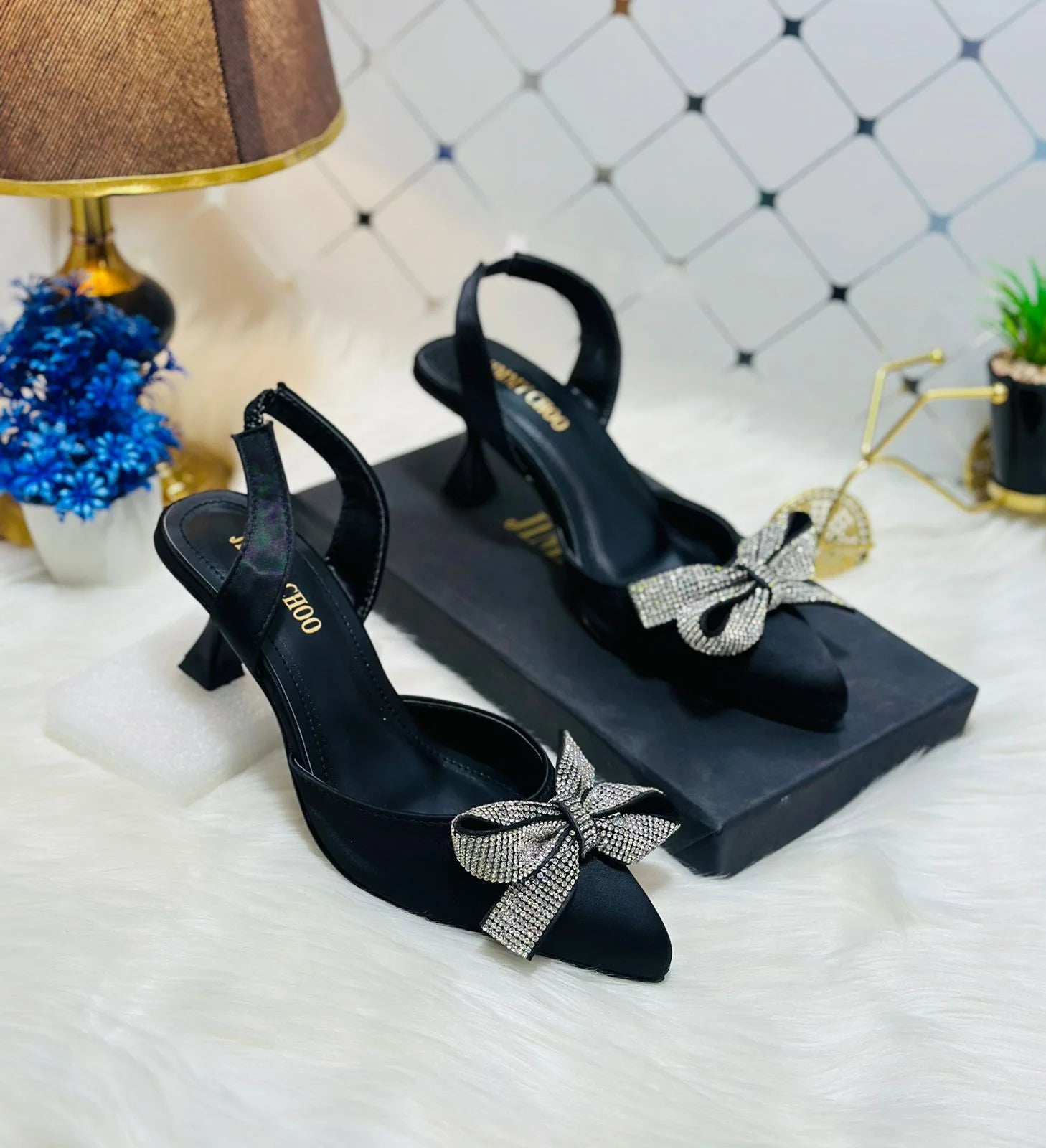 Rhinestone Tie Bow Slingback Heels