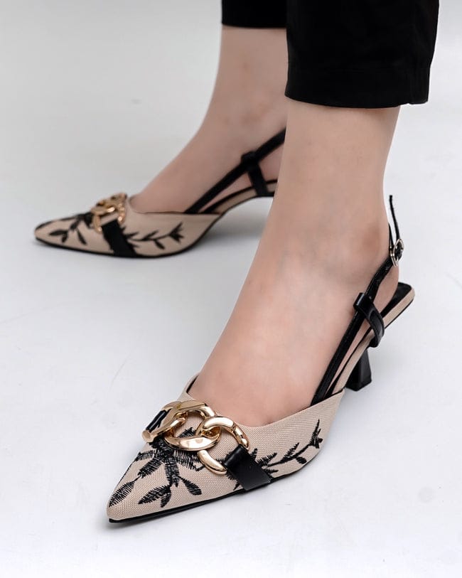 Floral Embroidered Chain Slingback