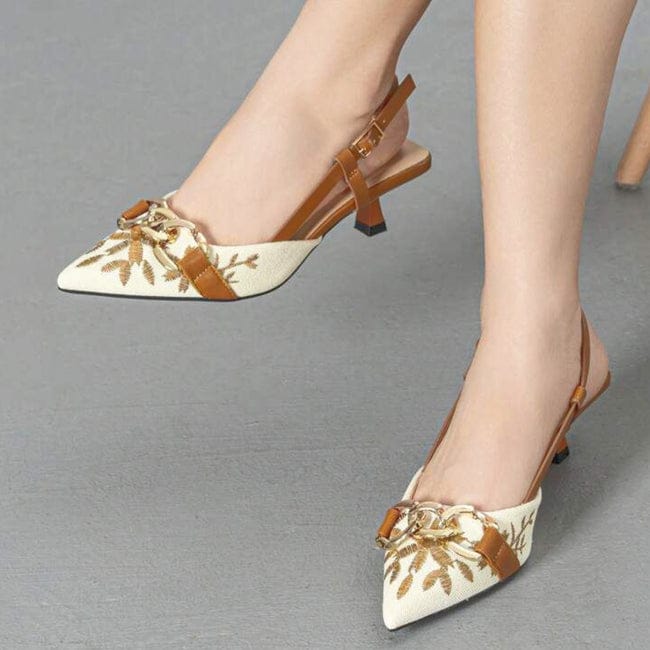 Floral Embroidered Chain Slingback