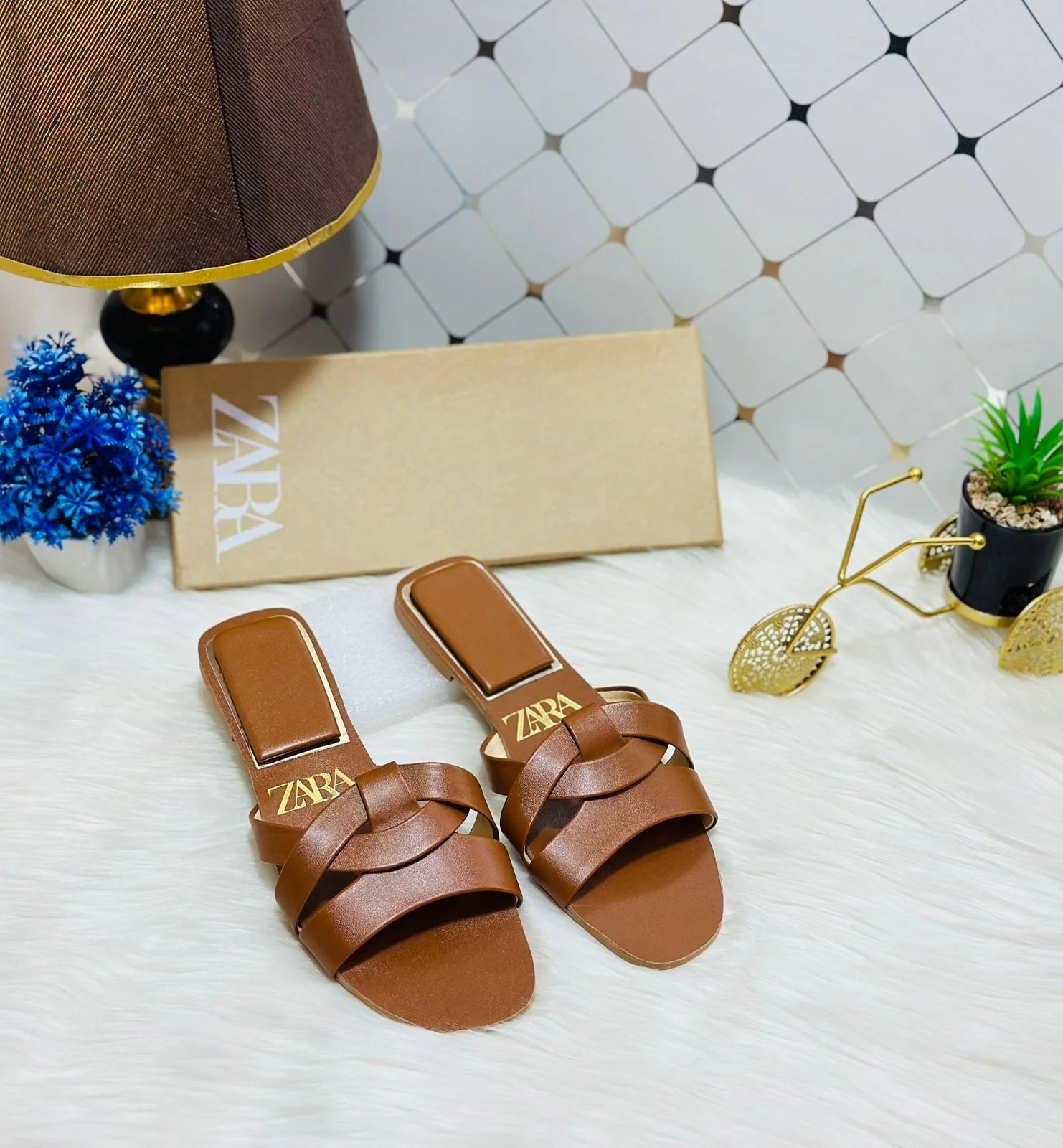 Flat Criss-Cross Leather Slider Sandals