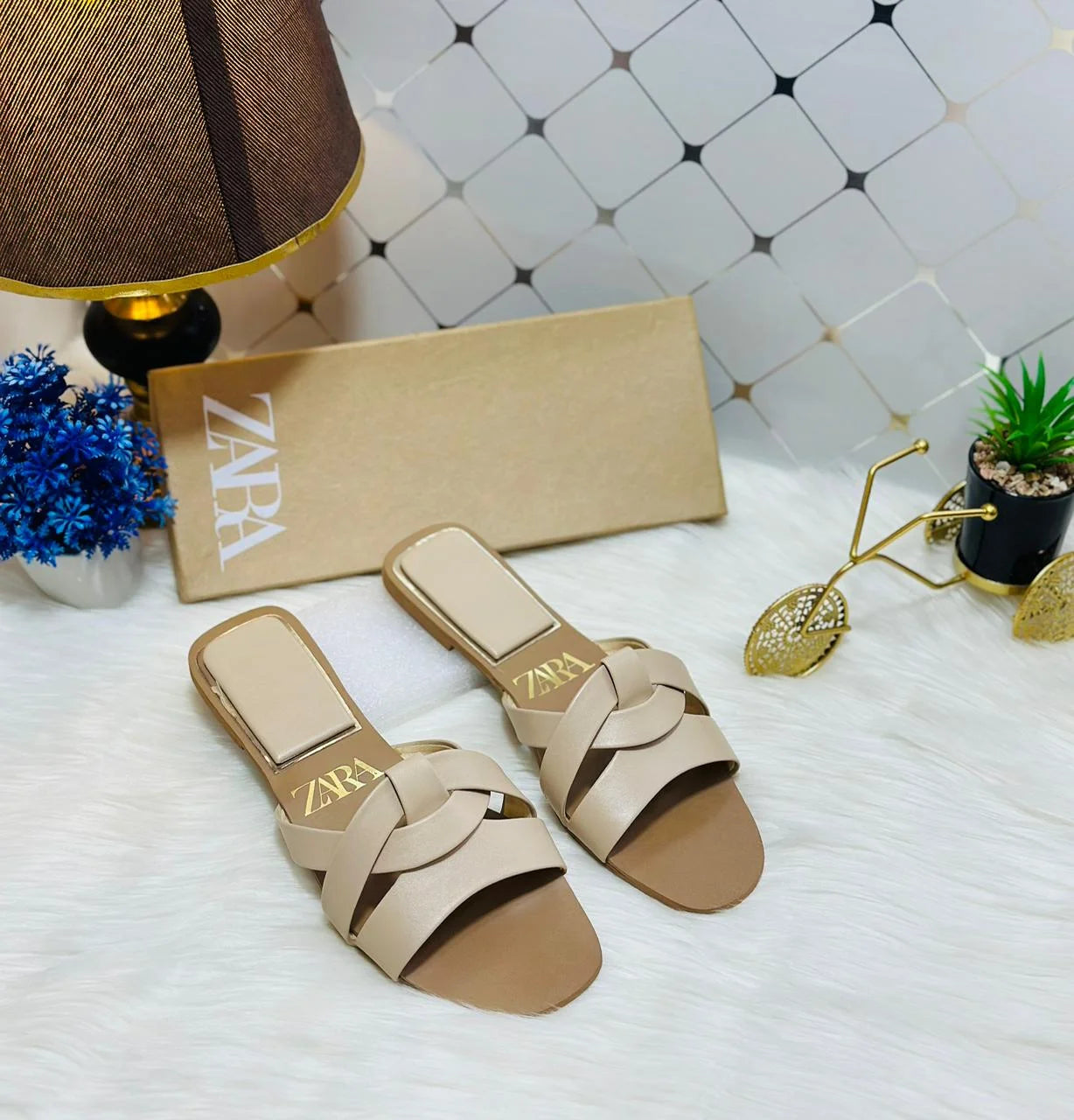 Flat Criss-Cross Leather Slider Sandals