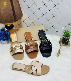 Flat Criss-Cross Leather Slider Sandals