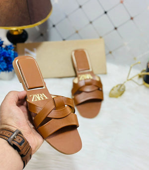 Flat Criss-Cross Leather Slider Sandals