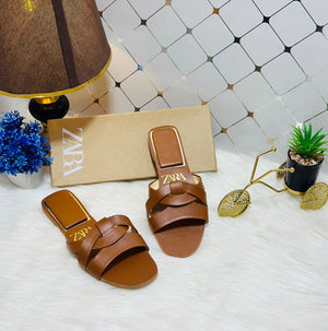 Flat Criss-Cross Leather Slider Sandals
