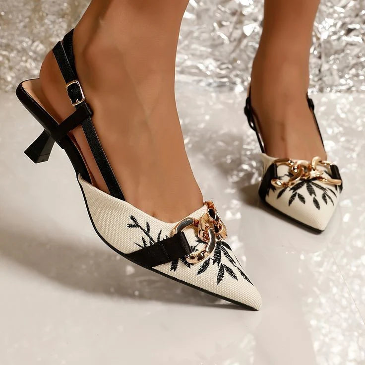 Floral Embroidered Chain Slingback