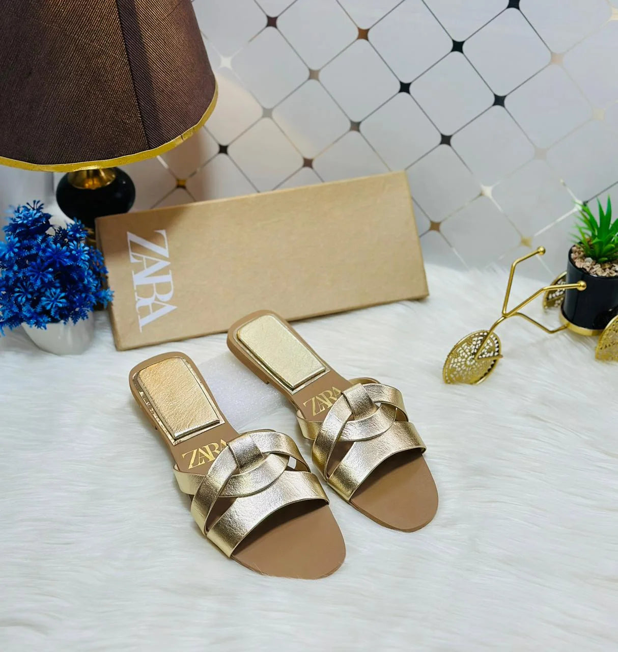 Flat Criss-Cross Leather Slider Sandals